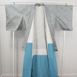 Long authentic Japanese silk kimono. Vintage blue ORI woven unisex kimono